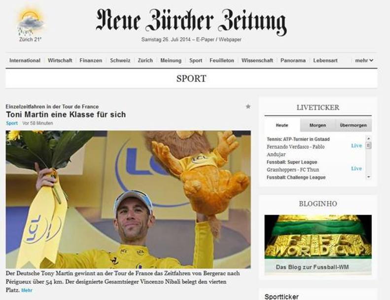 Titolo per Tony Martin (Una classe a s stante) e foto della maglia Gialla, Vincenzo Nibali. Questa la pagina dedicata al Tour dello svizzero Neue Zrcher Zeitung